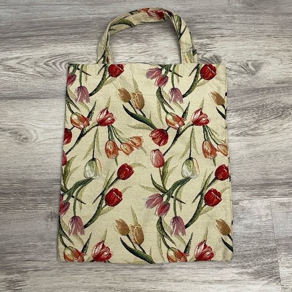 Handbags - Vintage Floral Tulip Tapestry Tan Multicolor Open Top Tote Bag Approx 15" X "13"